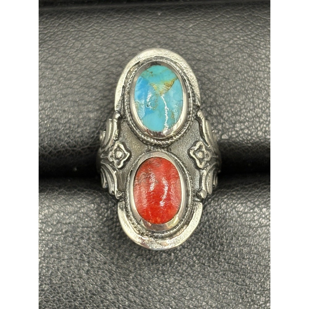 New Condition Sterling Silver Turquoise Coral Ring 6 Grams Size 7 E18